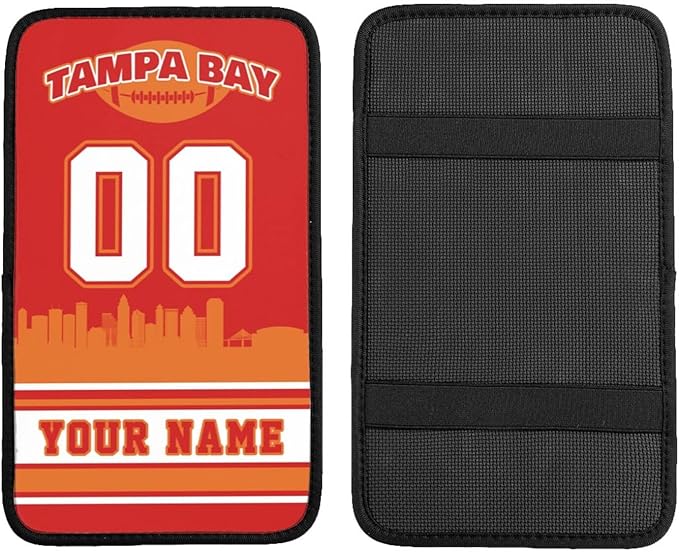 Custom Tampa Bay Car Armrest Covers Personalized Football Style with Name Number Customized Auto Center Console Pad Car Handrail Box Cushion for Most Vehicle Decor Accessories, Fans Gift