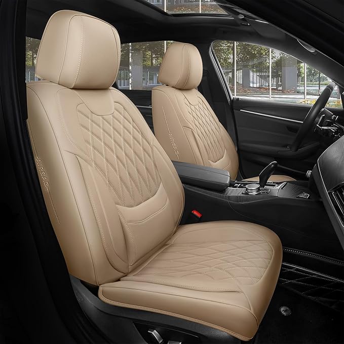 FREESOO Front Car Seat Covers - Luxury Breathable Waterproof Faux Leather Car Seat Cushion Protector with Lumbar Support, Universal Fit for Most 5 Seats Vehicles, Sedans, Hatchbacks, and Trucks, Beige