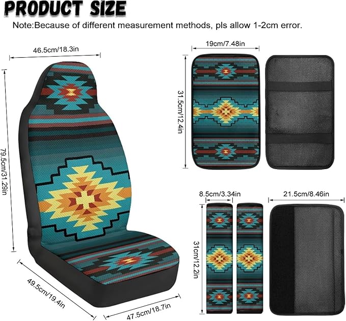 FUSURIRE Abstract Geometry Print Car Seat Cover Set with Center Console Armrest Covers Cushion and Seat Belt Shoulder Straps Pad 5pcs PU Car Accessories for Truck Sedan SUV