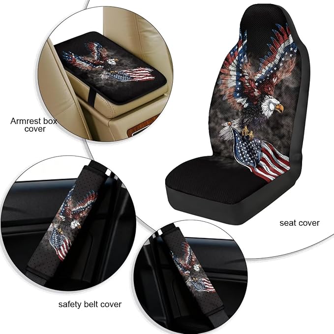 Qeluxign Air Mesh Car Seat Covers & Accessories American Flag Bald Eagle 5-Piece Set 2 Seat Covers, 2 Shoulder Belt Pads, 1 Console Pad PU Leather Car Interior Set for Women