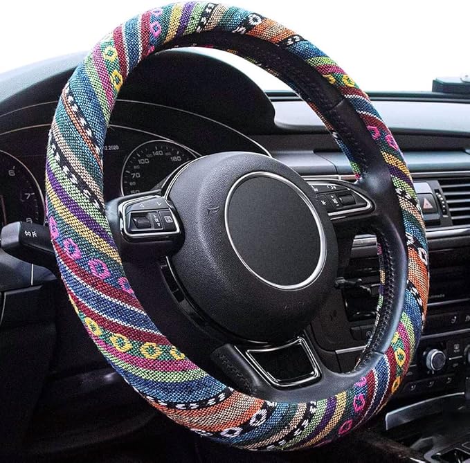 Limsas Boho Steering Wheel Cover Elastic Microfiber for Women, Universal Fit 15 inch Car SUV, Hippie Style Protector Cover, Anti-Slip, Breathable, Absorbing Sweat - 01