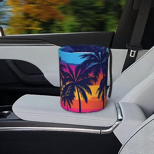 KXWQTRDD Car Garbage Bag Blue Palm Trees at Sunset Mini Car Trash Bin Portable Collapsible Waterproof Rubbish Bag for Car Accessories Back Front Seat Cup Holder