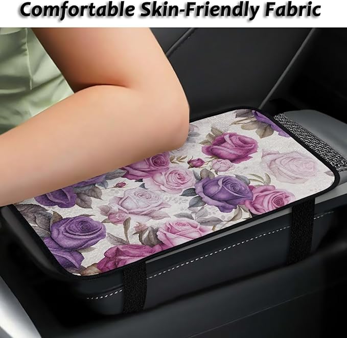 Bulopur Purple Rose Print Center Console Cover Car Center Console Cover Fashion Auto Interior Protect from Pet Claws Flannel Car Console Covers Fit for Most Cars, Vehicles, SUVs