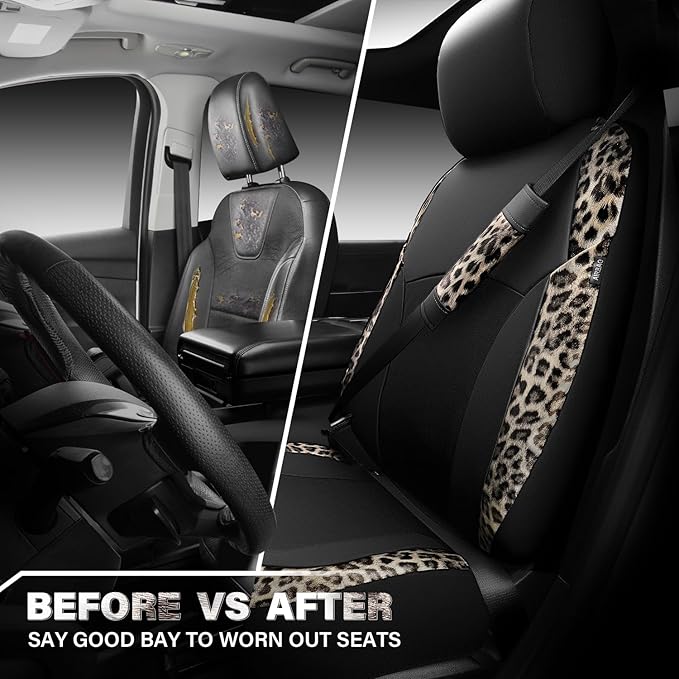 CAR PASS Leopard Print Faux Leather Car Seat Covers & Leopard Car Mats&Leopard Steering Wheel Cover Seat Belt Universal Car Accessories for SUV,Van,Saden,Truck Automobile Interior Sets(Gold Black)