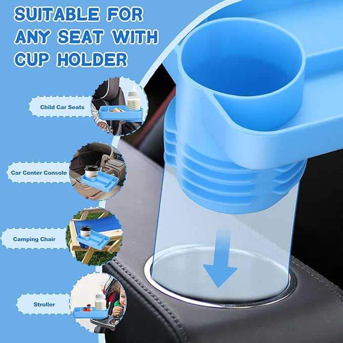 Car Seat Cup Holder Snack Tray - Silicone Food Trays for Travel with Expandable Soft Rubber Base Fits Most Cup Holders Portable Accessories Essentials for Small Fruit, Toys Blue