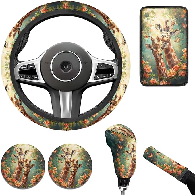 Animal Giraffe Car Steering Wheel Cover Set for Men Women Funny Car Interior Decor Cup Coaster Handbrake Cover Suit for Most Cars Truck Vans SUV