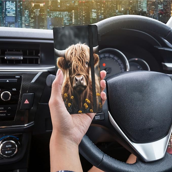Car Registration and Insurance Holder,Leather Vehicle Glove Box Organizer Wallet for Document,Perfect for any Car,Truck,Motorcycle,Driver License,Trailer or Boat,Men & Women,Highland Cow Cattle