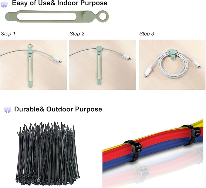 120 Pcs Cable Organizer Set, 20pcs Silicone Cable Ties Reusable & Nylon Cable Ties 100pcs, Multipurpose Elastic Cord Management Organizer for Charger, USB, Phone, Data Cables - Black White Green Grey