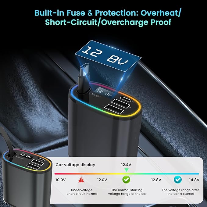 Car Charger USB C Fast Charging, 78W Cigarette Lighter Adapter, Retractable Car Charger for Travel Essentials for iPhone 16/15/14/13/12/11,Galaxy,Pixel, for Car Accessories Black