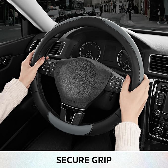 Road Comforts Steering Wheel Cover, Breathable Anti-Slip Leather Steering Wheel Cover, Universal Fit 14.5–15 Inch, Comfortable Grip - Gray Color