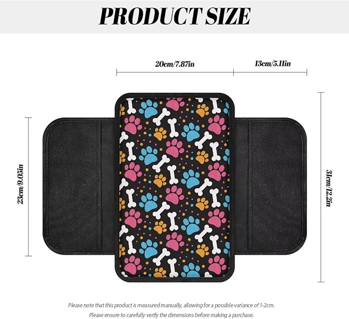 BIGCARJOB Cute Paw Print Auto Armrest Cover for Center Console,Portable Car Center Console Cover with Side Storage Universal Car Armrest Storage Box Car Interior Accessories for Most Vehicles