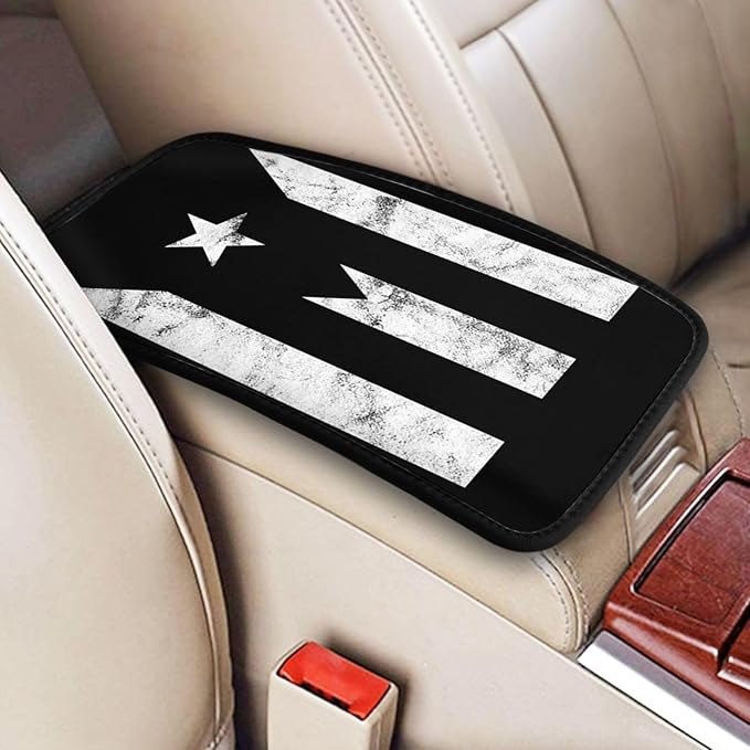 Puerto Rico Black & White Protest Flag Car Armrest Cover Protector Auto Center Console Cover Car Center Console Cushion Pad Waterproof Car Armrest Seat Box Cover Fit for Car Truck Rv SUV
