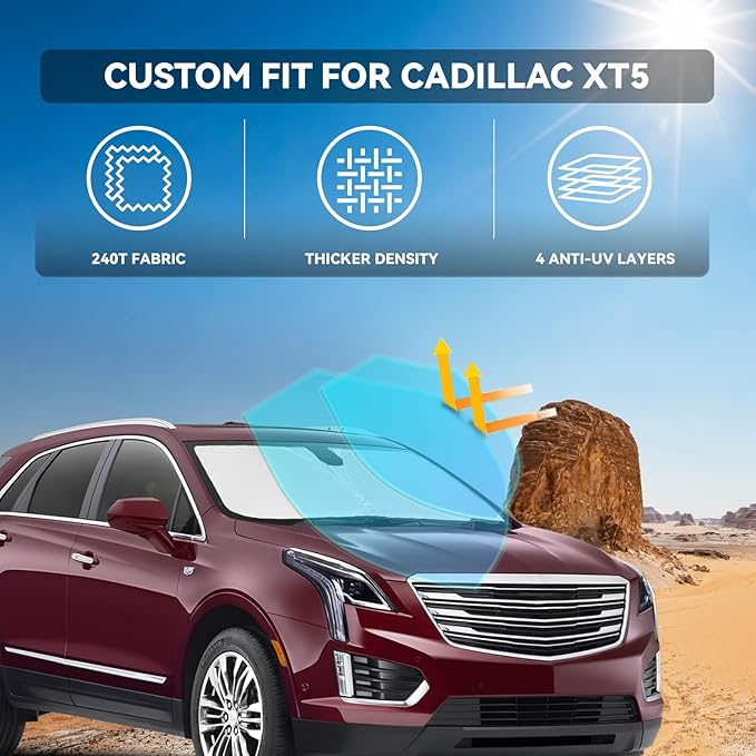 for Cadillac XT5 2017-2025 Windshield Sun Shade - 4 Layers Car Sunshades for Front Windows Shade Cover Custom Fit XT5 Sun Visor 240T Retractable Shade Blocks UV Rays Car Accessories