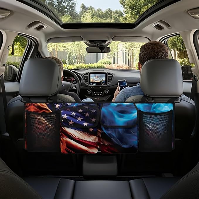 American Flag Fire Car Trunk Organizer and Storage, Backseat Hanging Organizer with 4 Waterproof Storage Bag with Adjustable Straps - Car Interior Accessories for SUV, Truck, Van, Cargo