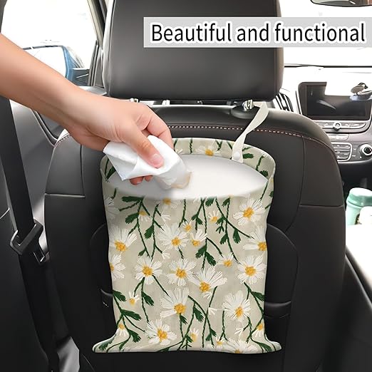 AUEKLLW Car Trash Can, Hanging Garbage Bin for Men and Women, Cute Car Organizer and Storage Bag, Canvas Vehicle Trash Can Bag Easy-to-Install Cute White Floral