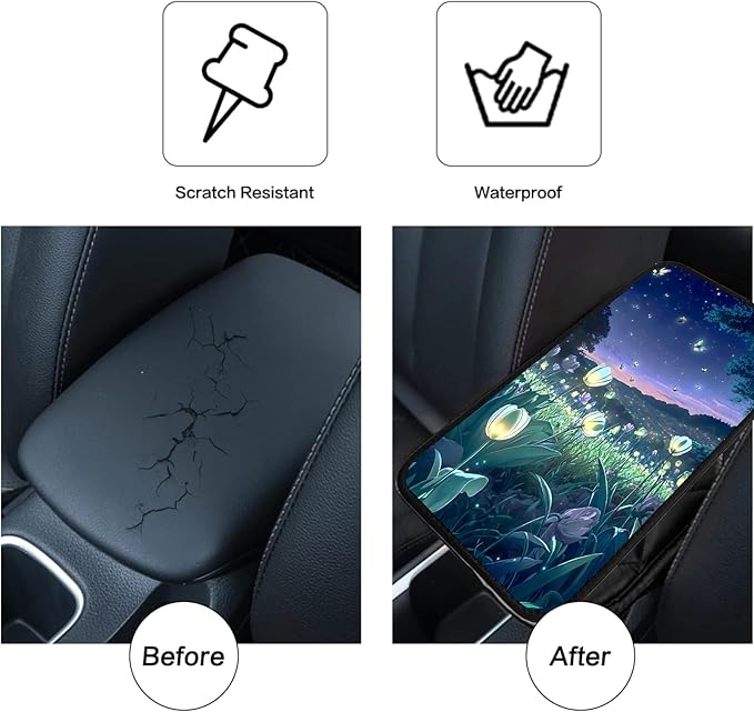 JANENFNA Car Armrest Cover Pads Universal Fashion Cute Auto Center Console Armrest Cover Pad with 2PCS Car Coasters Soft Waterproof Car Armrest Seat Protector for Women,Beautiful Flower Sea