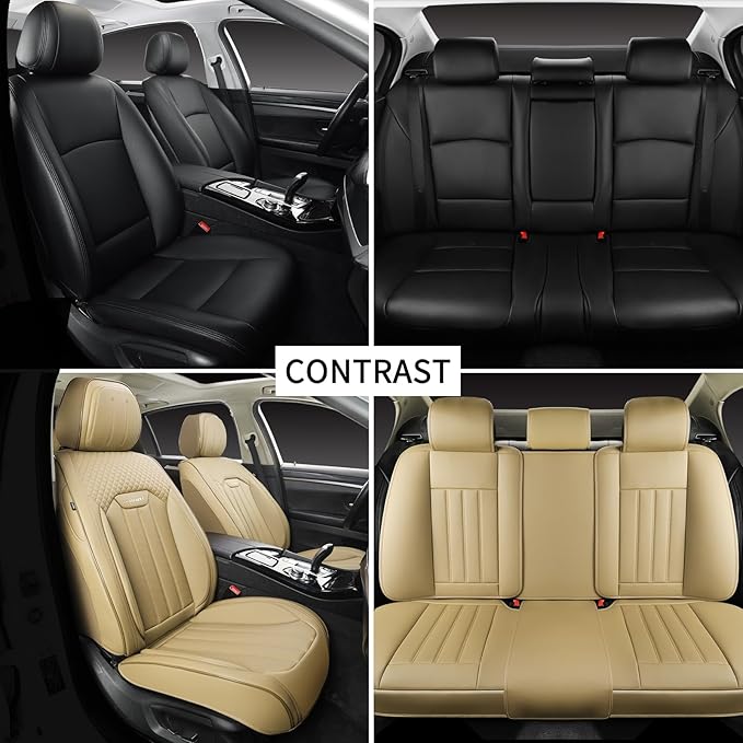 COVER EMPIRE Beige Leather Seat Covers, 5 Seats Universal Car Seat Covers Full Set, Waterproof Automotive Seat Covers Breathable Front and Rear Seat Covers for Most Sedans SUVs Trucks