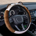 Car Steering Wheel Cover, 15 Inch Fluffy Soft Plush Auto Protector, Anti-Slip Elastic Lovely Car Cover Accessories with Kitty Cat Ears Universal for Most Cars (Fluffy-White+Brown)