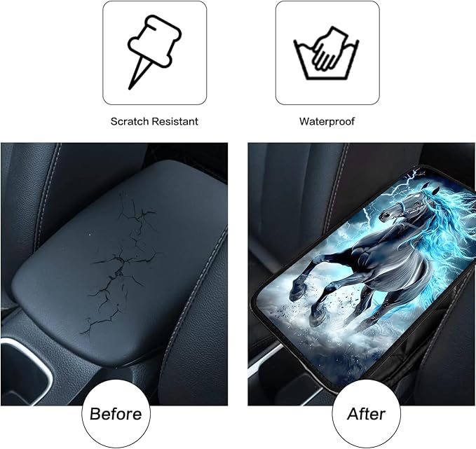 JANENFNA Car Armrest Cover Pads Universal Fashion Cute Auto Center Console Armrest Cover Pad with 2PCS Car Coasters Soft Waterproof Car Armrest Seat Protector for Women,Lightning Mane Horse