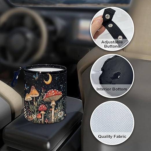 Moon Mushroom Car Trash Storage Box Collapsible Small Car Waste Basket Bin Compact Universal Strap Attach to Auto Garbage Holder Travel Accessories