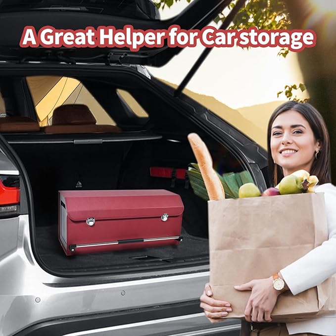 XCF Car Trunk Organizer, Trunk Organizer for SUV with Push-pull Handle and Lid Car Leather Trunk Storage Box (Claret, 27.17 x 11.42 x 12.2in)