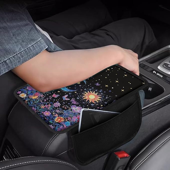 Dreaweet Car Center Console Cover Sun and Moon Floral Car Accessories for Women Girly,Car Armrest Cover with Storage Pockets Universal Arm Rest Center Console Cushion Pad Soft & Comfy