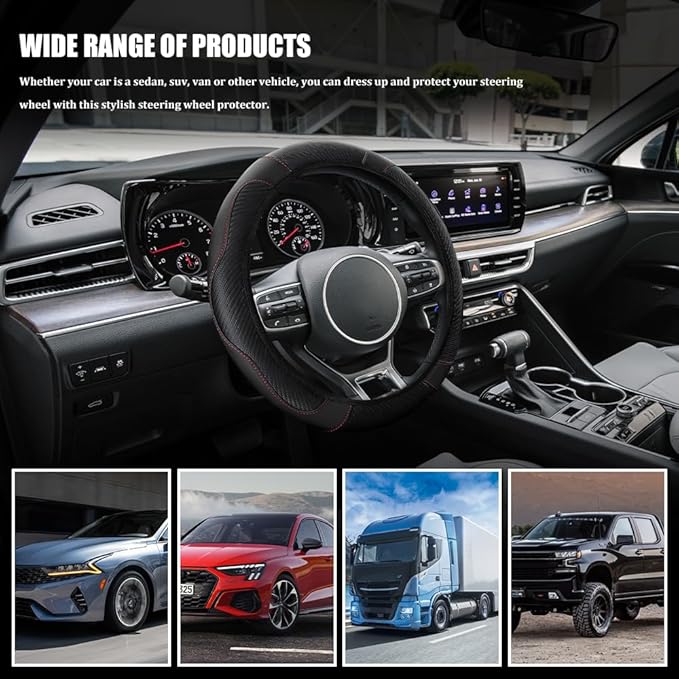 Car Steering Wheel Cover, Steering Wheel Cover Protector, 15 Inch Carbon Fiber Microfiber Leather Elastic Steering Wheel Protector, Car Steering Wheel Accessories for Vehicles (Black)