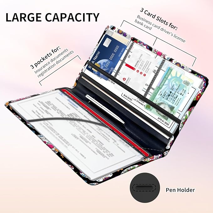 BAUCIWLD Premium Car Registration and Insurance Card Holder, Cute PU Leather Car Document Holder, Vehicle Glove Box Car Organizer with Magnetic Closure for Driver License, Cards Floral Skull