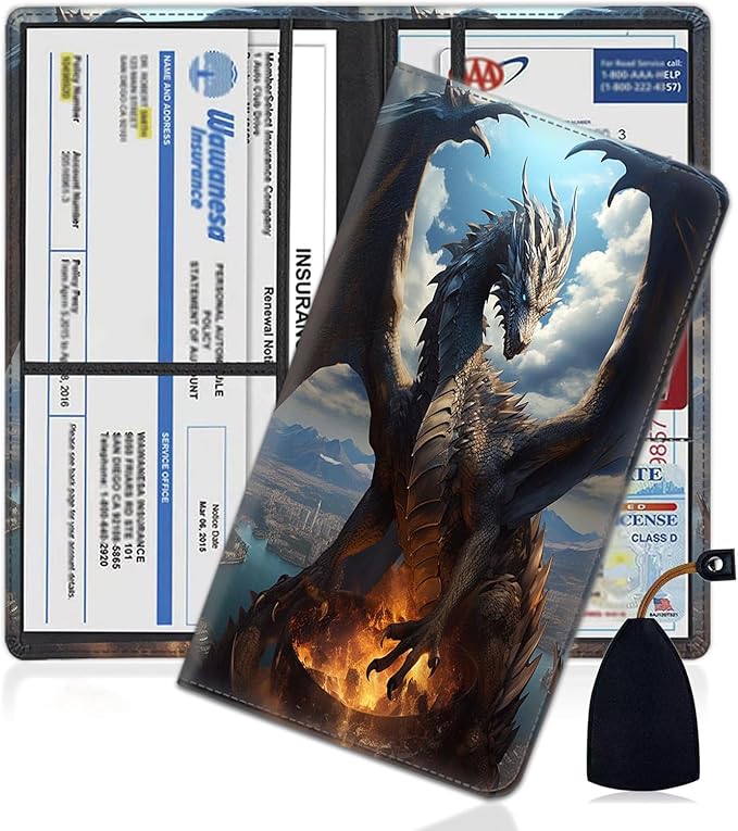 Yuxcfhjfe Car Registration and Insurance Holder, PU Leather Auto Document Holder for Men&Women, Vehicle Glove Box Compartment Organizer with Magnetic Shut for Driver's License, Silver Dragon Pattern