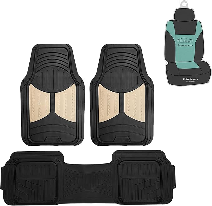 FH Group Car Floor Mats Climaproof™ Heavy Duty Rubber Floor Mats for Sedan, SUV,Truck Floor Mats, Universal Fit Automotive Floor Mats Trimmable Full Beige Set, Combo Small Car Seat Cover Design
