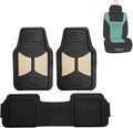 FH Group Car Floor Mats Climaproof™ Heavy Duty Rubber Floor Mats for Sedan, SUV,Truck Floor Mats, Universal Fit Automotive Floor Mats Trimmable Full Beige Set, Combo Small Car Seat Cover Design