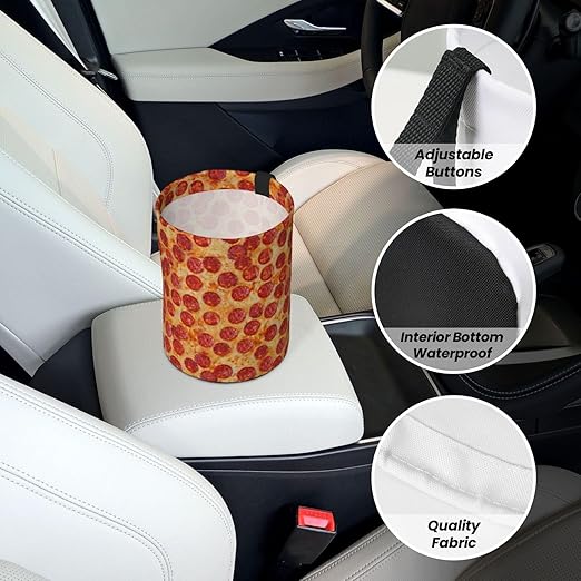 KXWQTRDD Car Garbage Bag Pizza Pepperoni Mini Car Trash Bin Portable Collapsible Waterproof Rubbish Bag for Car Accessories Back Front Seat Cup Holder