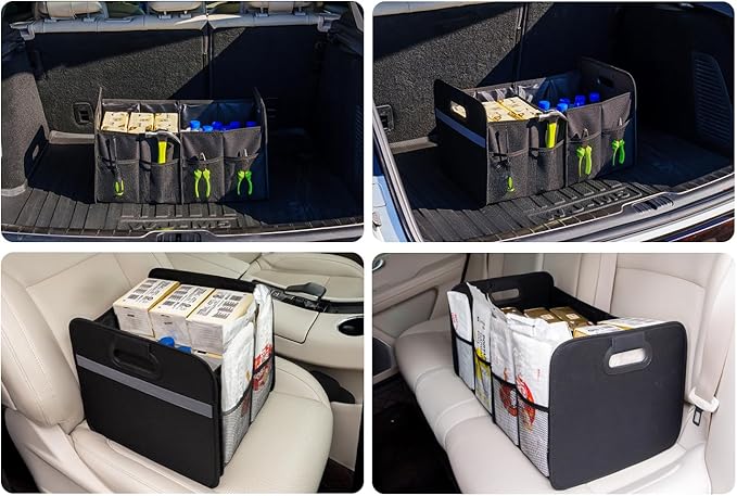 Trunk Organizer for car, Foldable Cargo storage, Black 55L, for SUV Car Truck, 600D Waterproof Oxford Polyester, 2 Compartments With Handle, Car seat storage box