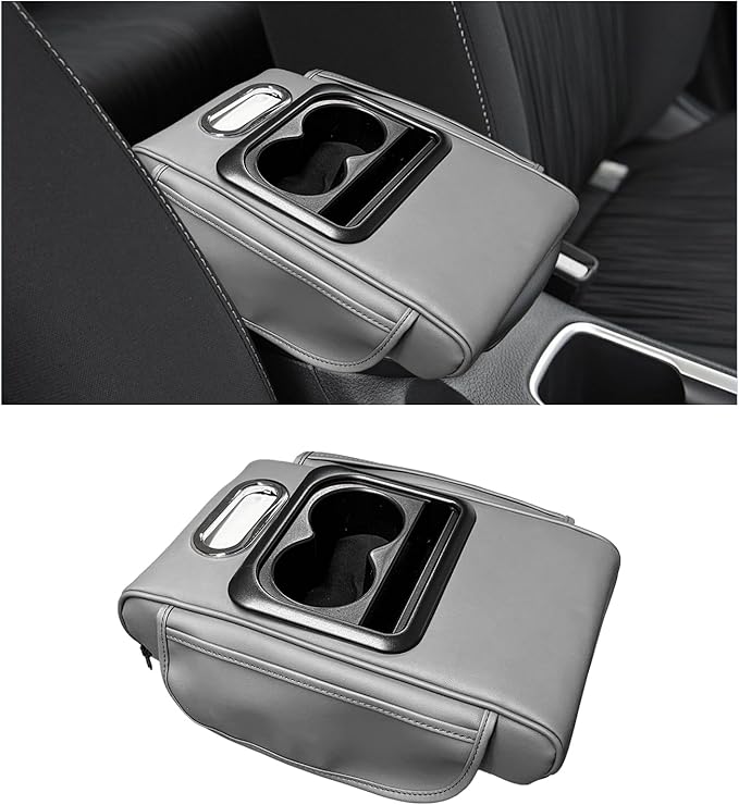 Car Center Console Armrest Pillow, Leather Arm Rest Cover Pad with 2 Storage Pockets Cup Holder & Phone Slot, Soft Middle Console Cushion Protector for Most Vehicles (Gray, Normal)