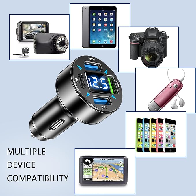 Fast Car Charger,4 Ports Cigarette Lighter USB Charger with LED Voltmeter,PD3.1/Super Port Car Charger Adapter Fast Charging,Compatible with iPhone/Android/Samsung Galaxy (PD/Super)