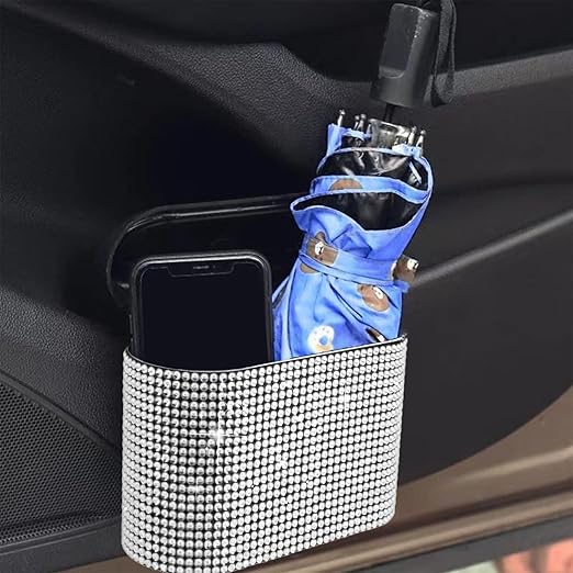 Bling Car Trash Can with Lid Mini Auto Garbage Bin Rhinestone Hanging Vehicle Trash Container Odor Proof Organizer (White)