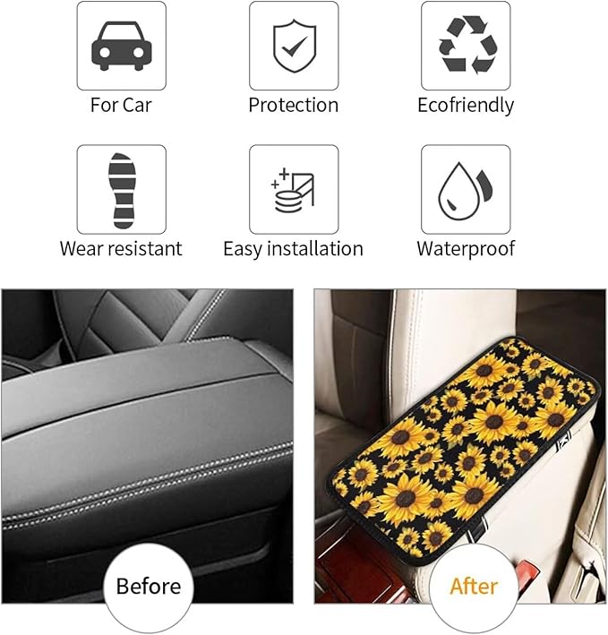 Sunflower Flower Center Console Cover Yellow Floral Armrest Cushion Protector for Cars Sedans Vans Truck Vehicles, SUV Interior Accessories