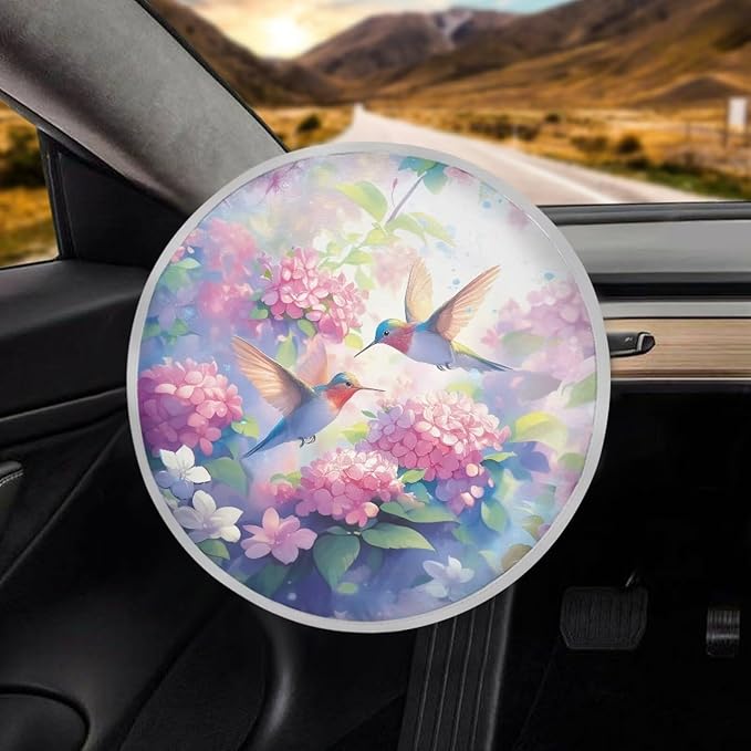 Dustproof Steering Wheel Sun Shade Steering Wheel UV Reflector Shade Cover Vehicle Accessories Universal Fit Car SUV Truck Van, Hummingbird Hydrangea Flower Pattern