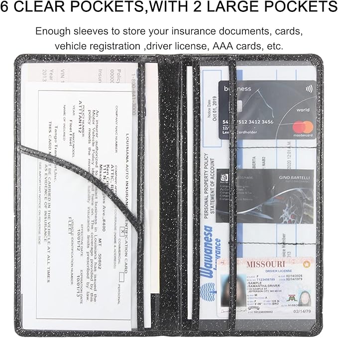 Car Registration and Insurance Holder, Premium Leather Insurance and Registration Holder,vehicle Glove Box Car Organizer, with Magnetic Shut for Cards, Driver License (Glitter Black)