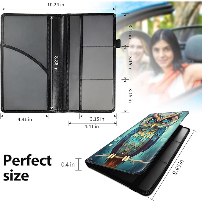 Mxfdegf Car Registration & Insurance Holder, Leather Glove Box Organizer, Cool Accessories for ID, Driver's License Cards & Essential Documents, Business Cards, Men & Women, Fantasy Owl