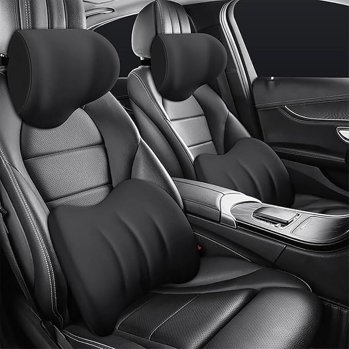Car Headrest & Lumbar Support Cushion for Dodge Ram 1500 2019-2025, Ergonomic Car Seat Headrest Memory Foam Neck and Back Pillow Kit Breathable Removable for Driving Fatigue Relief,A/Black
