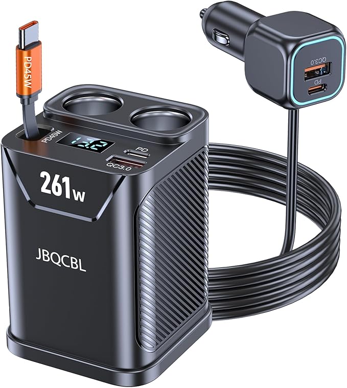 Cigarette Lighter Splitter with Retractable Car Charger, 45W USB C Car Cup 2-Socket Cigarette Lighter Adapter Heavy Duty Truck Car Plug Outlet Splitter Fast Charging 12V/24V Multi Port for Car Devices