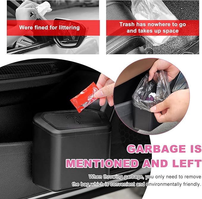 Car Trash Can with Lid, Plastic Mini Auto Hanging Dustbin with Garbage Bags, Trash Organizer with Lid Garbage Holder Container for Vehicle Office Home, Car Accessories (Black)
