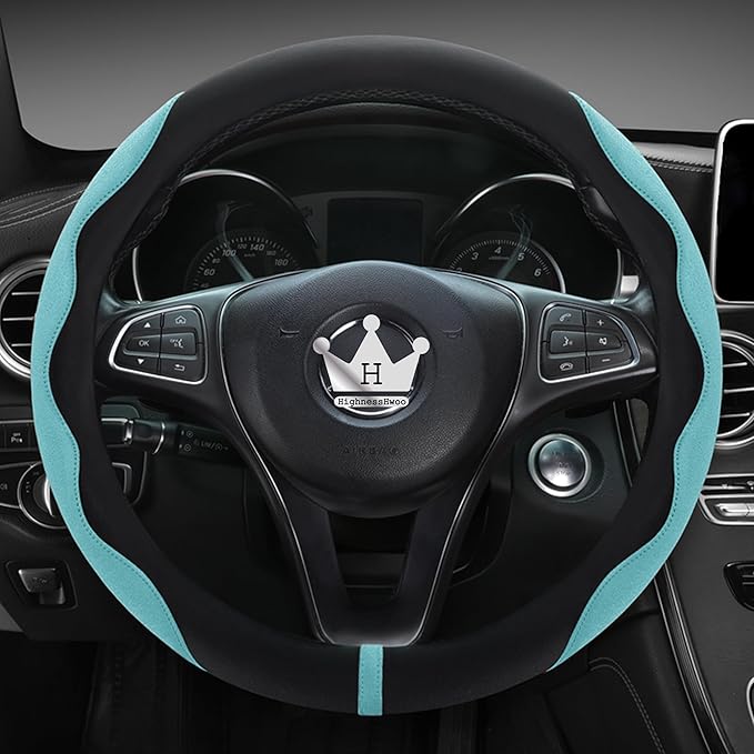 Luxury Suede Steering Wheel Cover for Cars, Soft Leather Padded Wheels Cover for Sedan, SUV, Thin Car Handle Cover, Universal Fit, Anti Slip, 14.75-15.15in, Green