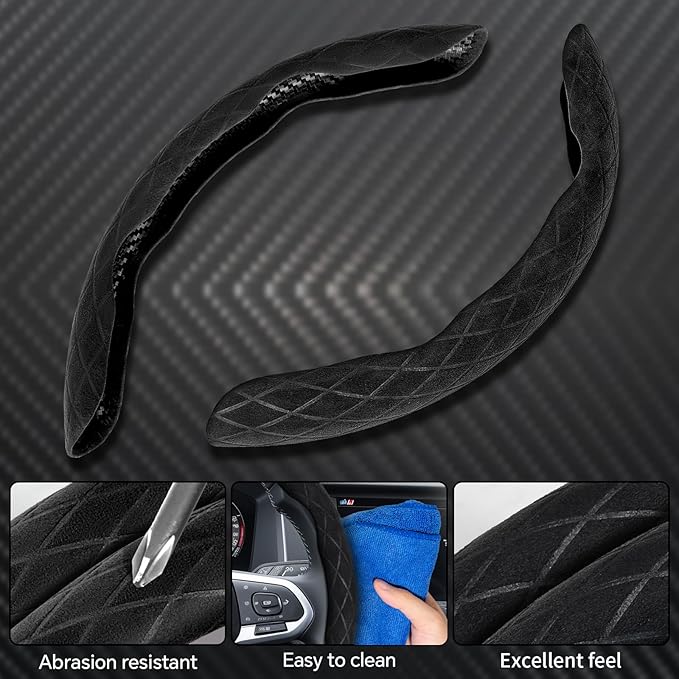 PAUUOOA 2 Piece Alcantara Steering Wheel Cover - Split Sport Design for D & O Shape Wheels, Soft Touch · Anti-Slip Grip · All Season Comfort · Durable Luxury Material for Performance Cars