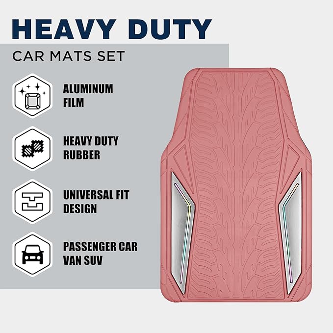 PIC AUTO Pink Rubber Floor Mats, Silver Aluminum Film with Colorful Piping Floor Mats for Cars, Car Mats with Non-Slip Backing, All-Weather, Trim-to-Fit Liner for Cars, SUVs, Trucks, Vehicles