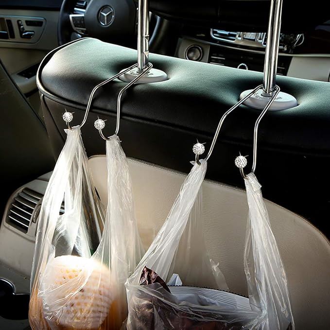 Bling Car Seat Hooks, Rhinestone Universal Organizer Hooks Car Headrest Hangers Hooks, Bag Organizers Rack and Hanger, Strong and Durable Auto Backseat Storage Hooks (A-Black)