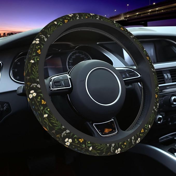 Floral Steering Wheel Cover Elastic Non-Slip Car Steering Wheel Covers with Seat Belt Shoulder Pad for Women Men