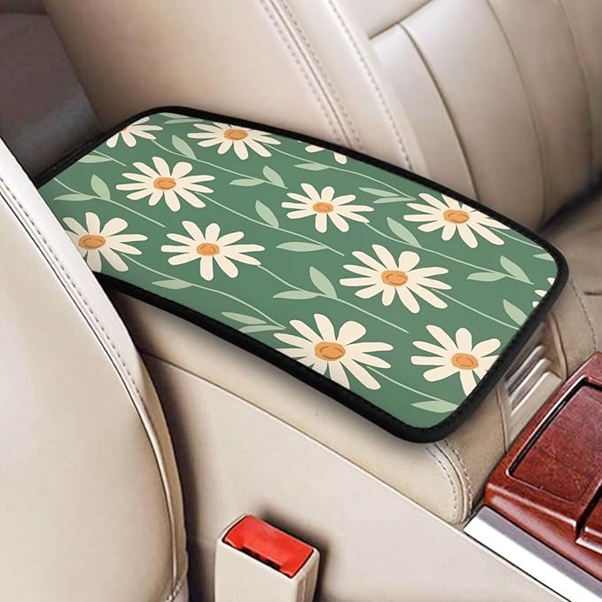 Car Center Console Cover Green Floral Hippie Armrest Seat Console Daisy Sage Green Armrest Lid Cover Arm Rest Covering for SUV Truck Van Sedans Middle Console Cover