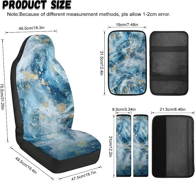 Qeluxign PU Leather Car Seat Covers Set - Includes 2 Seat Protectors, 2 Shoulder Pad Covers, 1 Armrest Cover for Car Decoration,Blue Gold Marble